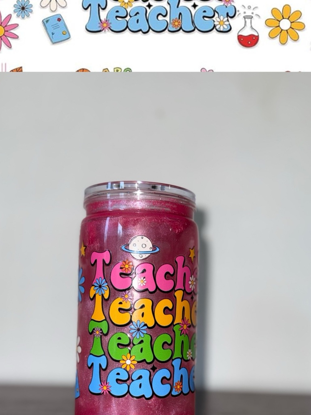 Pink Glitter 'Teacher' Travel Tumbler